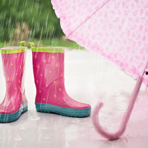 rain, umbrella and wellington boots